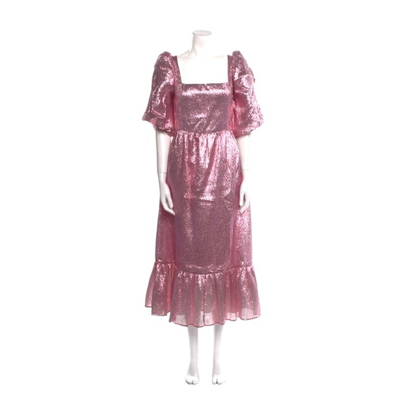 NWT Loeffler Randall Elisa Puff Sleeve Midi Evening Dress Metallic Rose Sz 10 - Picture 1 of 12